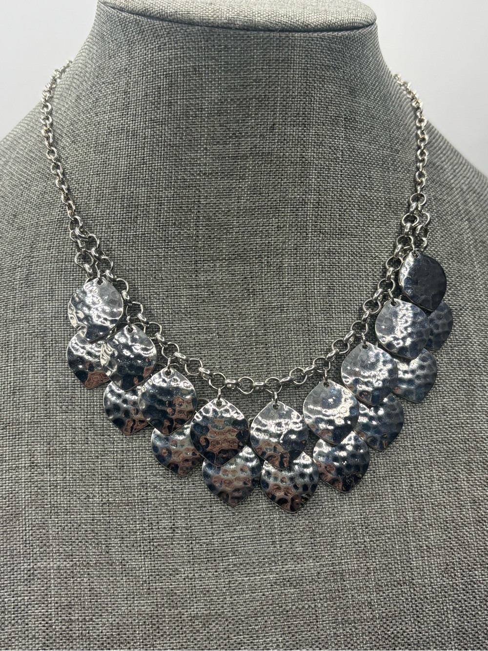 Silver Tone Pointed Leaf Hammered Bib Statement Necklace Layered Maximalist Punk